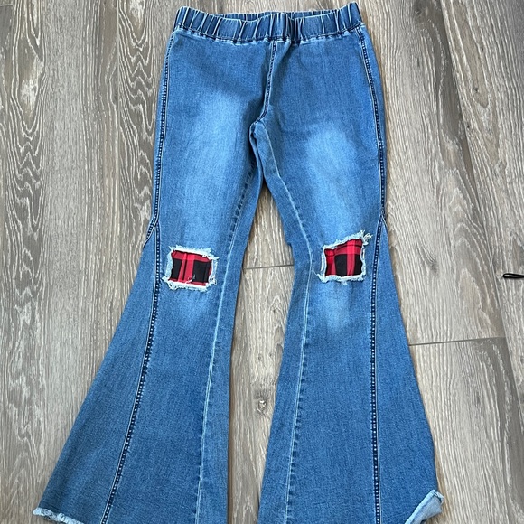 Pants - Flared Denim Jeans with Red Plaid Patches